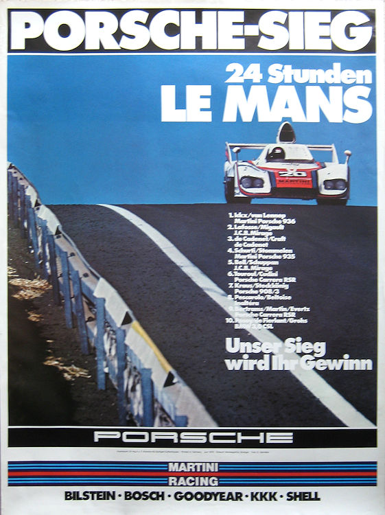 Vintage Porsche Factory Poster Porsche-Sieg, 24 Stunden Le Mans, Unser Sieg wird Ihr Gewinn 1976