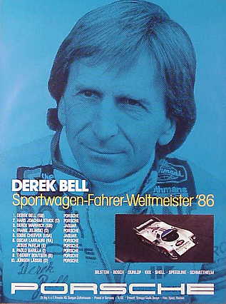 Vintage Porsche Factory Poster: Derek Bell, Sportwagen Fahrer Weltmeister 1986